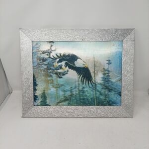 Bald Eagle Lenticular 3D Motion Wall Art Silver Framed Decor Nature Mountains